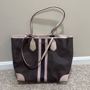 Michael Kors Eva Large Signature Logo Stripe Tote Bag, pink and brown